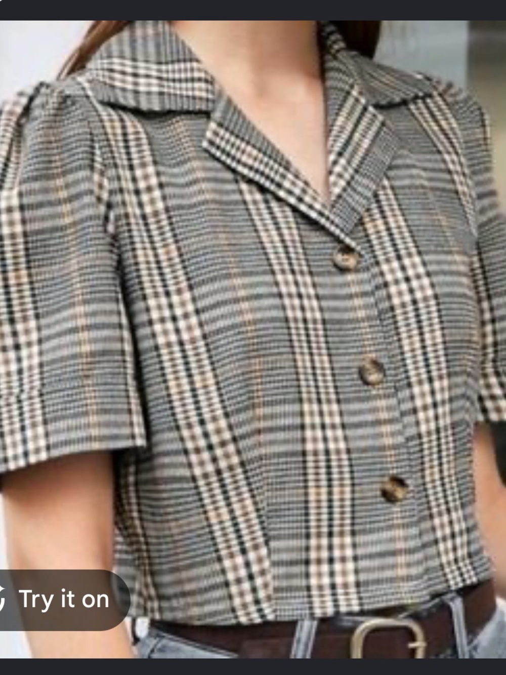 SHEIN Plaid Cropped Button-Front Top in Beige, Black, Brown